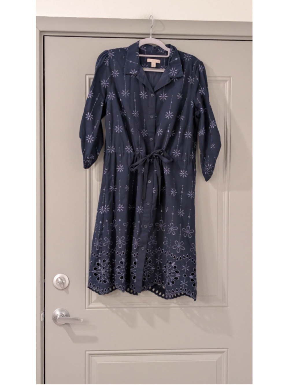 Women's DB Established Navy Embroidered Eyelet Midi Shirt Dress Size M